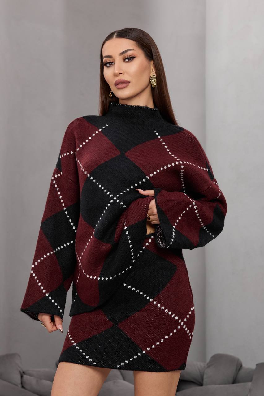 Baklava Desenli Oversize Kazak ve Mini Etek Triko İkili Takım