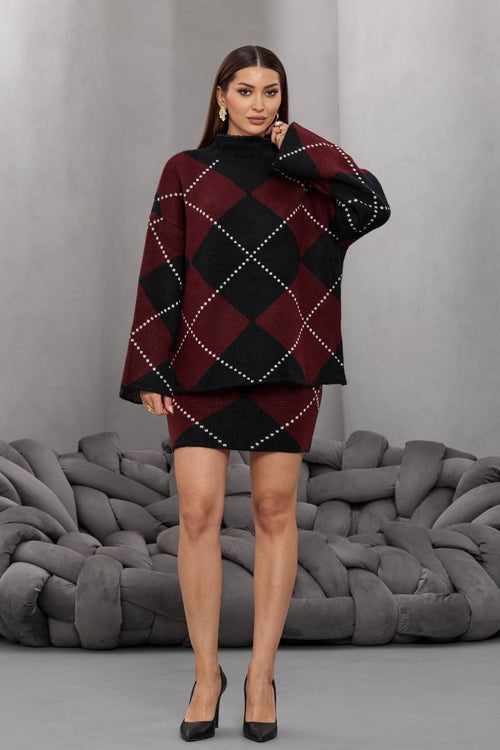 Baklava Desenli Oversize Kazak ve Mini Etek Triko İkili Takım