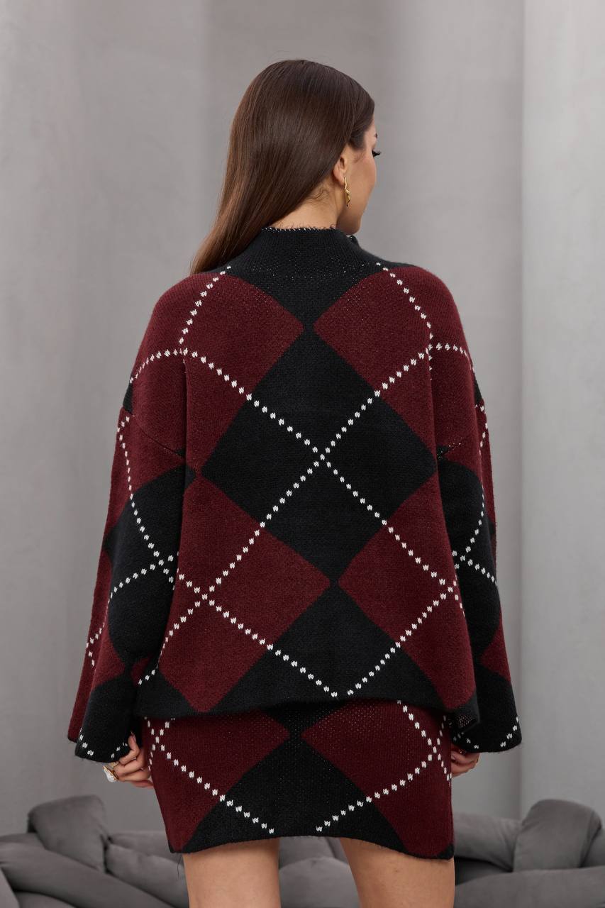 Baklava Desenli Oversize Kazak ve Mini Etek Triko İkili Takım