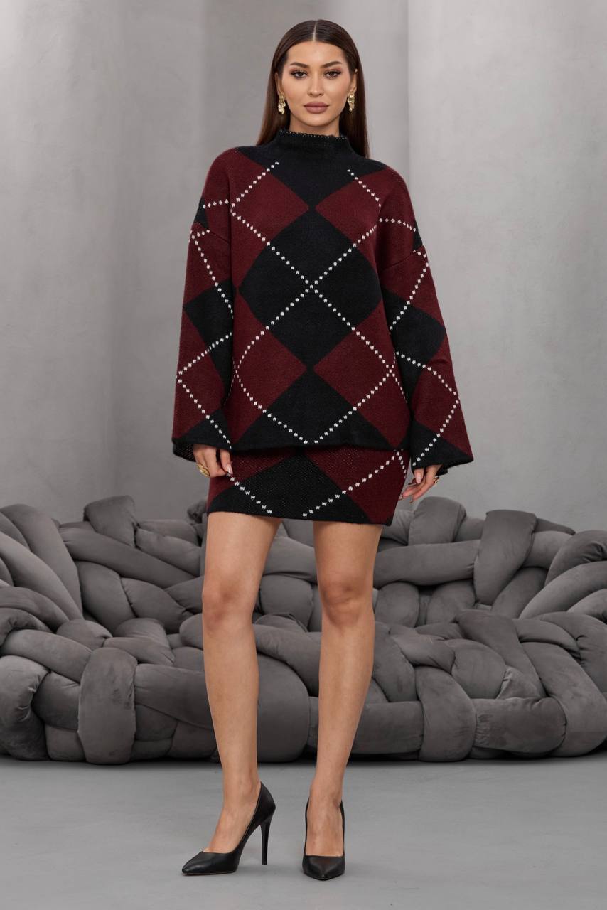 Baklava Desenli Oversize Kazak ve Mini Etek Triko İkili Takım