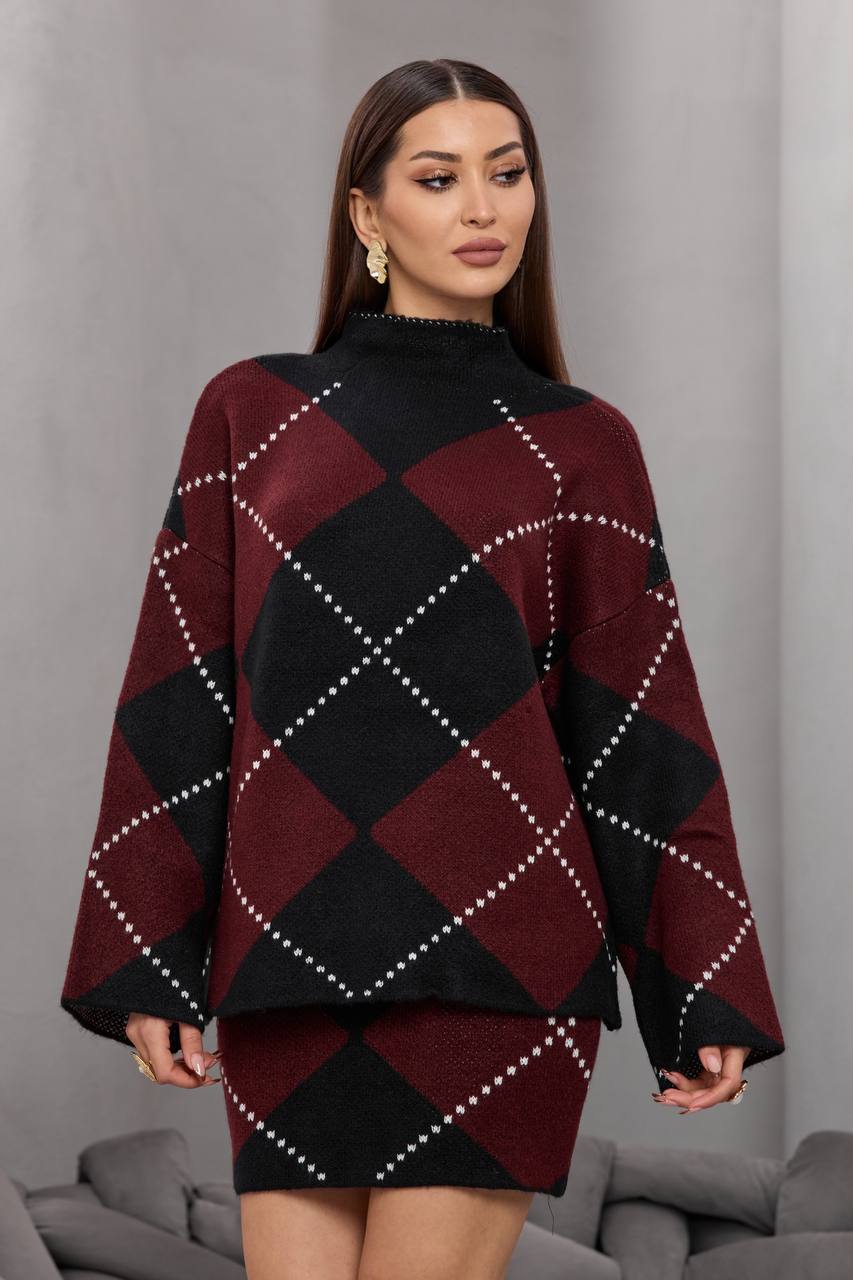 Baklava Desenli Oversize Kazak ve Mini Etek Triko İkili Takım