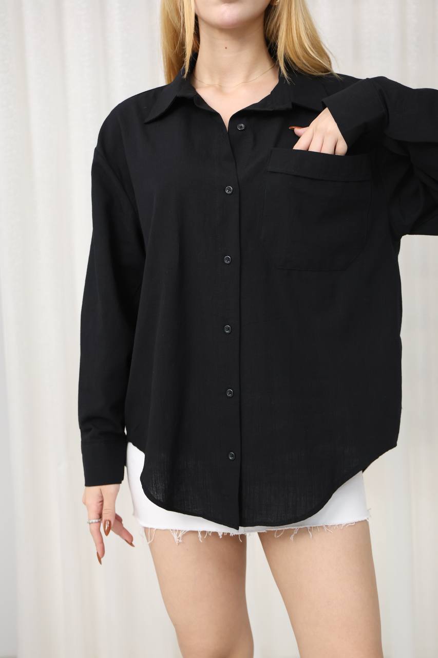 Siyah %100 Keten Oversize Basic Gömlek