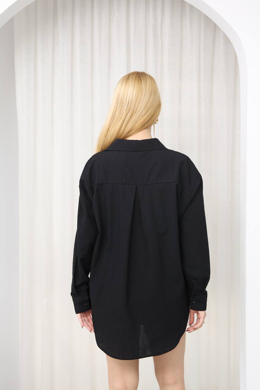Siyah %100 Keten Oversize Basic Gömlek