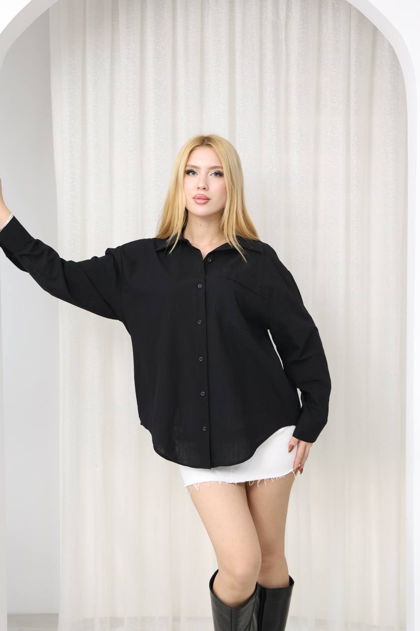 Siyah %100 Keten Oversize Basic Gömlek