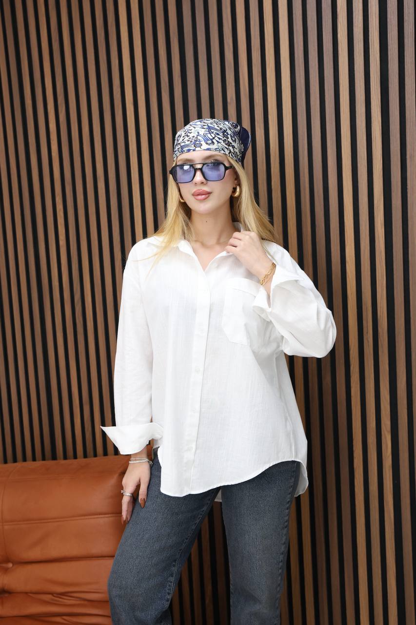 Beyaz %100 Keten Oversize Basic Gömlek