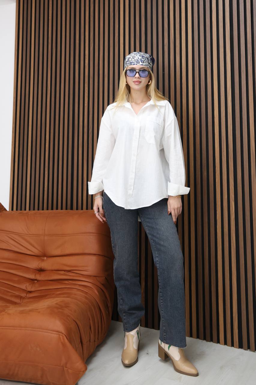 Beyaz %100 Keten Oversize Basic Gömlek