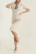 Krem Fularlı Triko Kalem Elbise - Ofis ve Günlük Şıklık
