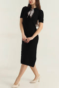 Fular Yaka Siyah Triko Elbise - Kısa Kollu Midi Boy Şıklığı