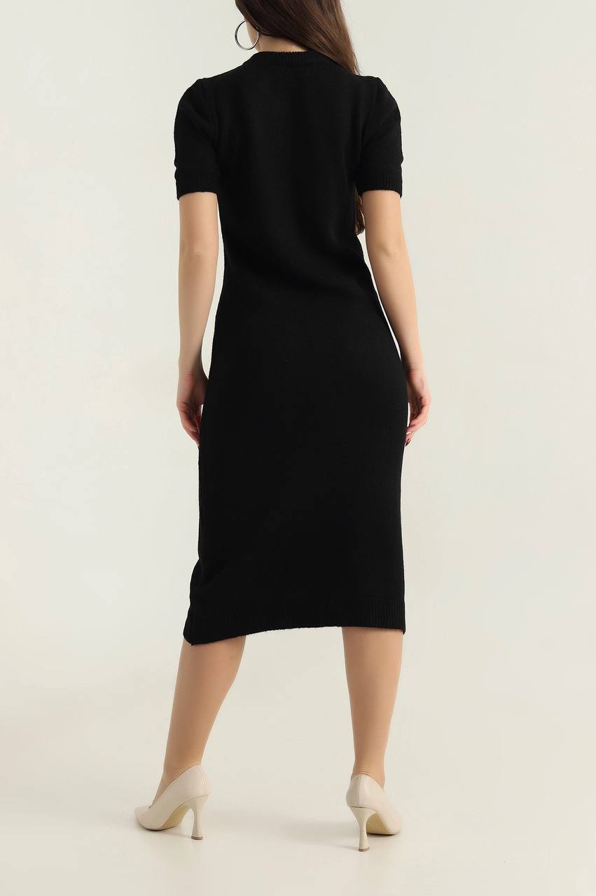 Fular Yaka Siyah Triko Elbise - Kısa Kollu Midi Boy Şıklığı