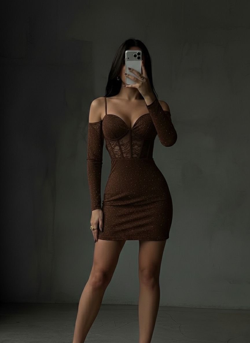 Simli Korsaj Detaylı Düşük Kol Mini Elbise - Acı Kahve