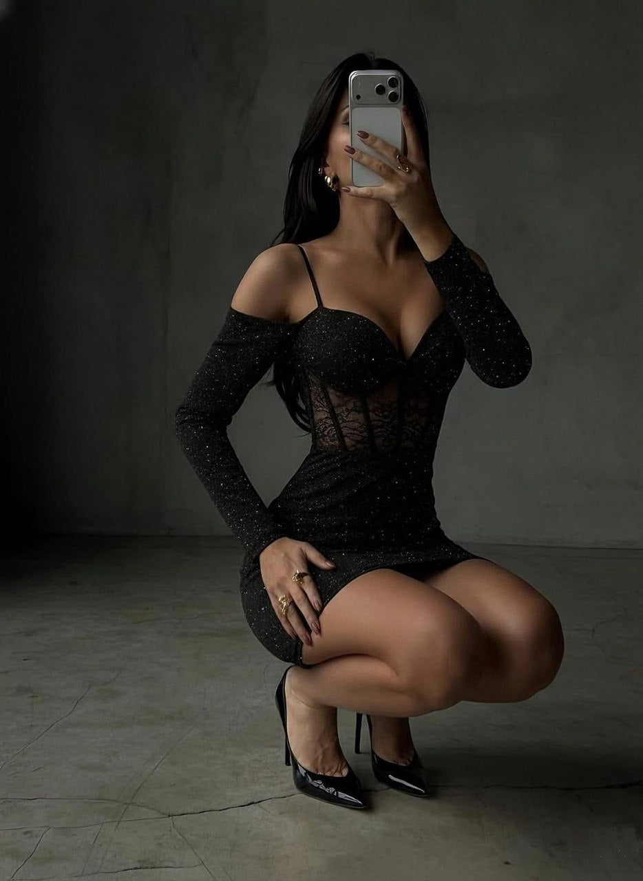 Belden Transparan Dantel Garnili Simli Mini Elbise