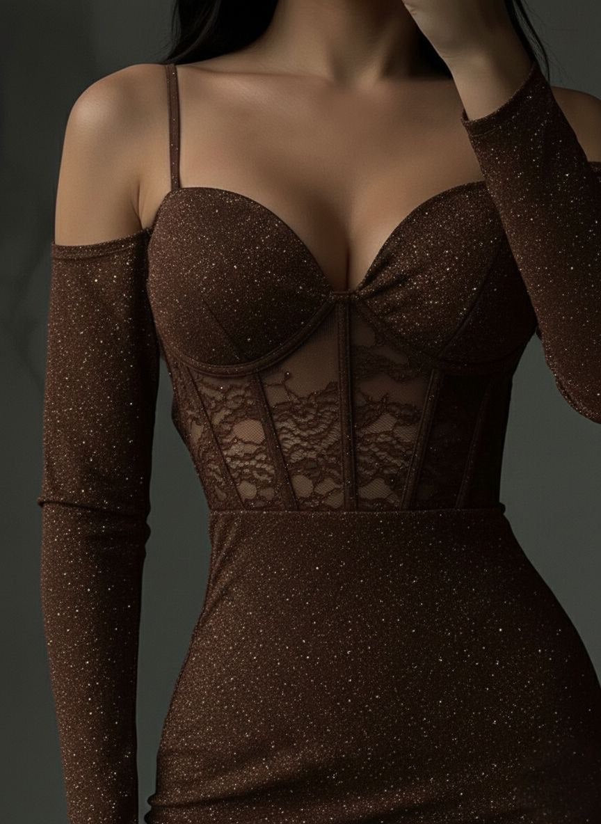 Simli Korsaj Detaylı Düşük Kol Mini Elbise - Acı Kahve