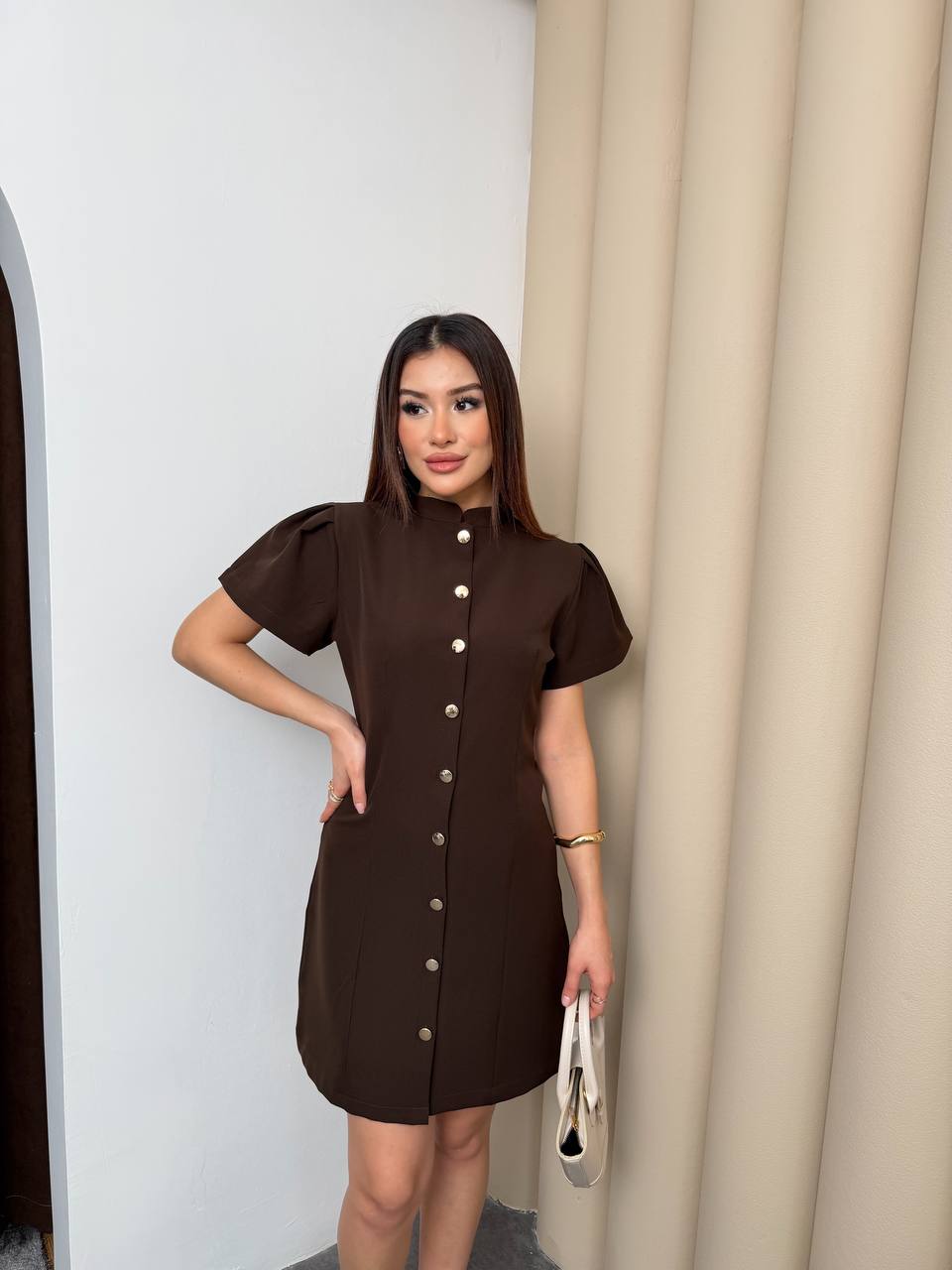 Hakim Yaka Gold Düğme Detaylı Mini Elbise - Kahve
