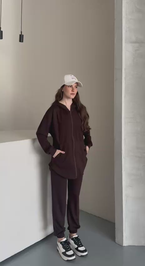 Acı Kahve Fermuarlı Kapüşonlu Kadın Eşofman Takımı - Oversize Rahat Kalıp