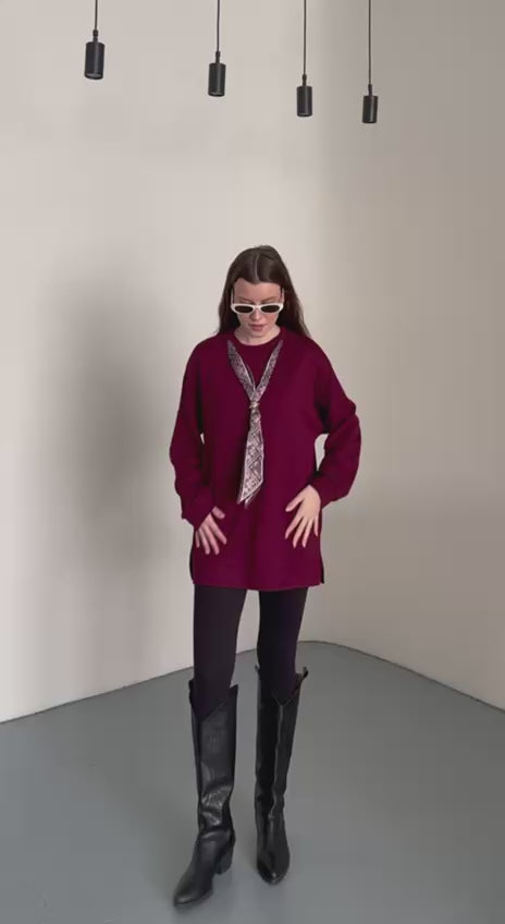 Fular Aksesuarlı Uzun Kollu Bordo Kadın Tunik