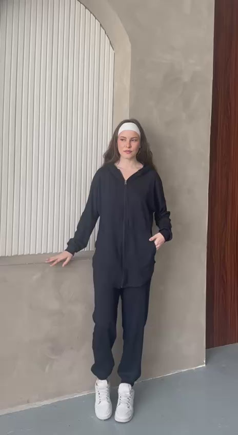 Siyah Fermuarlı Kapüşonlu Kadın Eşofman Takımı - İki İplik Rahat Kalıp