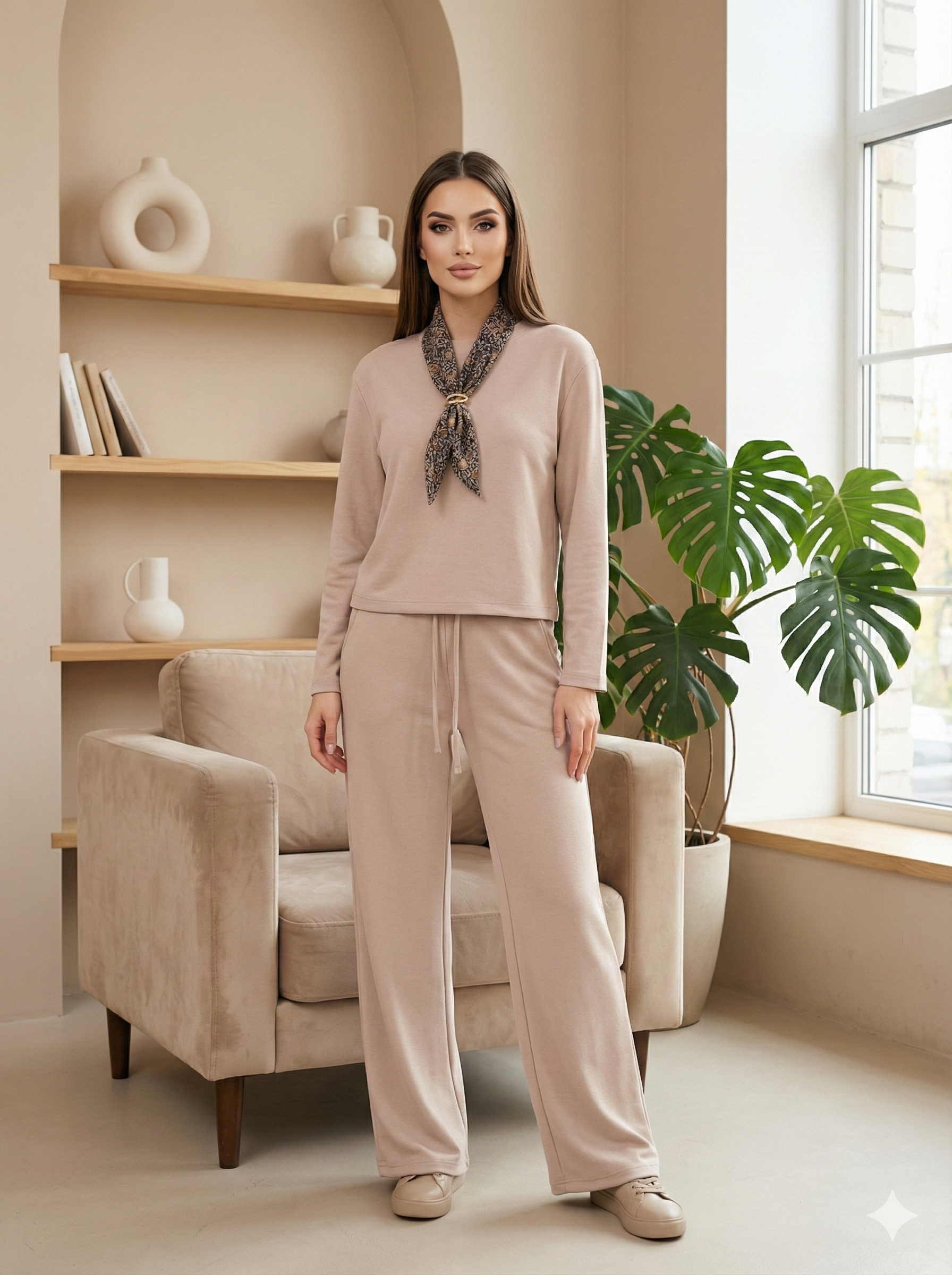 Casual Chic Fularlı Sweatshirt ve Geniş Paça Pantolon Takımı