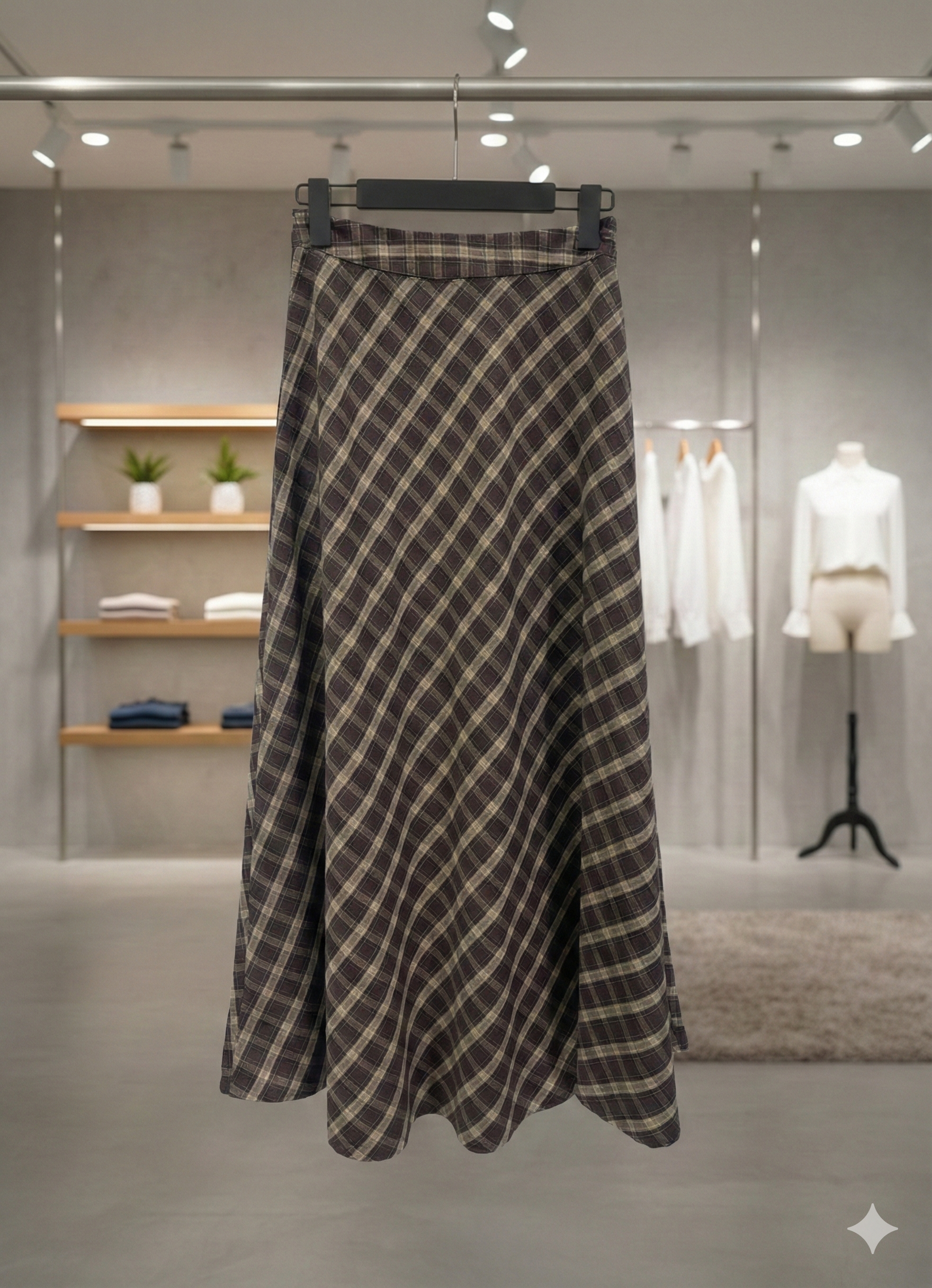 Kahve-Vizon Diyagonal Ekose Desenli Kloş Etek